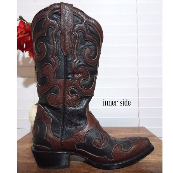 Women's Leather Tooled Snip Toe Brown Black J.B Dillon Cowboy Boots sz 7.5B - Picture 13 of 13